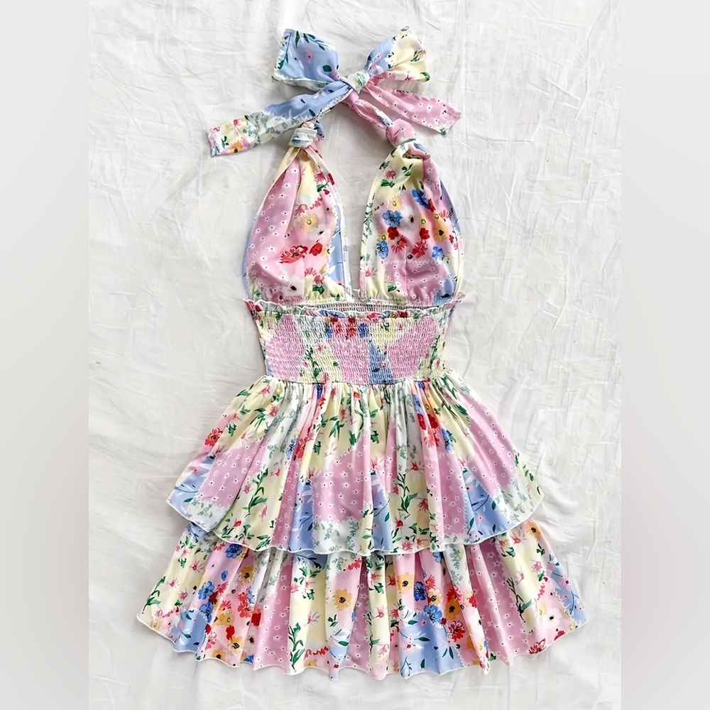 Multicolor Patchwork Boho Retro Floral Print Camb… - image 3